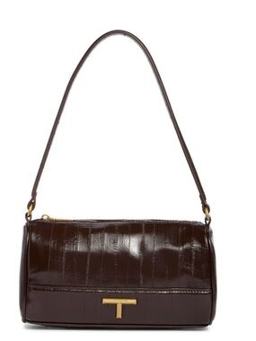 Tahari Metallic Dark Brown Shoulder Bag with Gold T Detail NWT